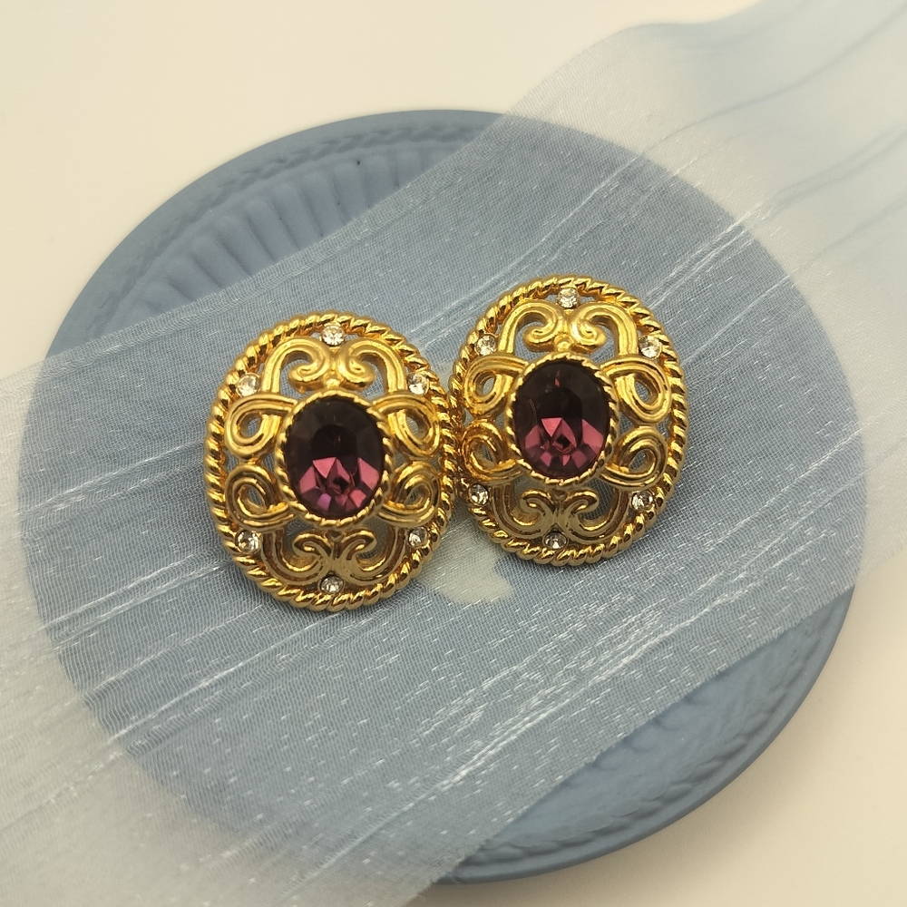 Vintage Elegant Gold Tone and Purple Stud Earrings